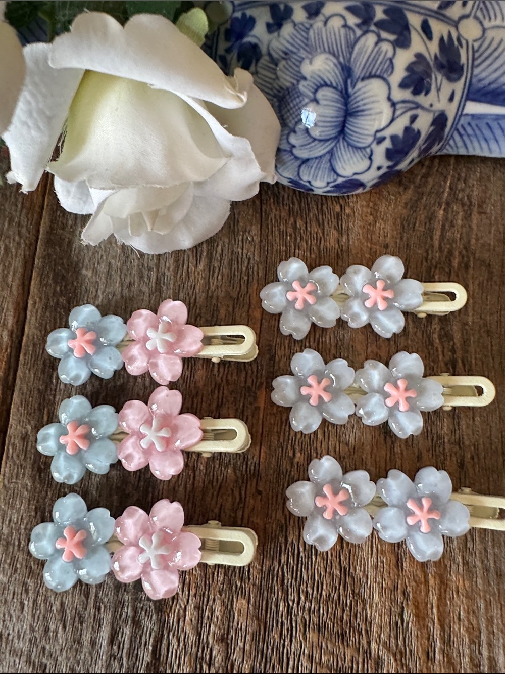 Jelly Cherry Blossom Hair Clips Set Blue & Pink 6 Pieces